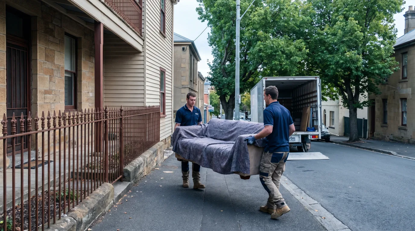 Two removalists in navy polos carry a blanket-wrapped sofa along a narrow footpath past a heritage terrace and iron palisade fence, toward an open removal truck under leafy street trees